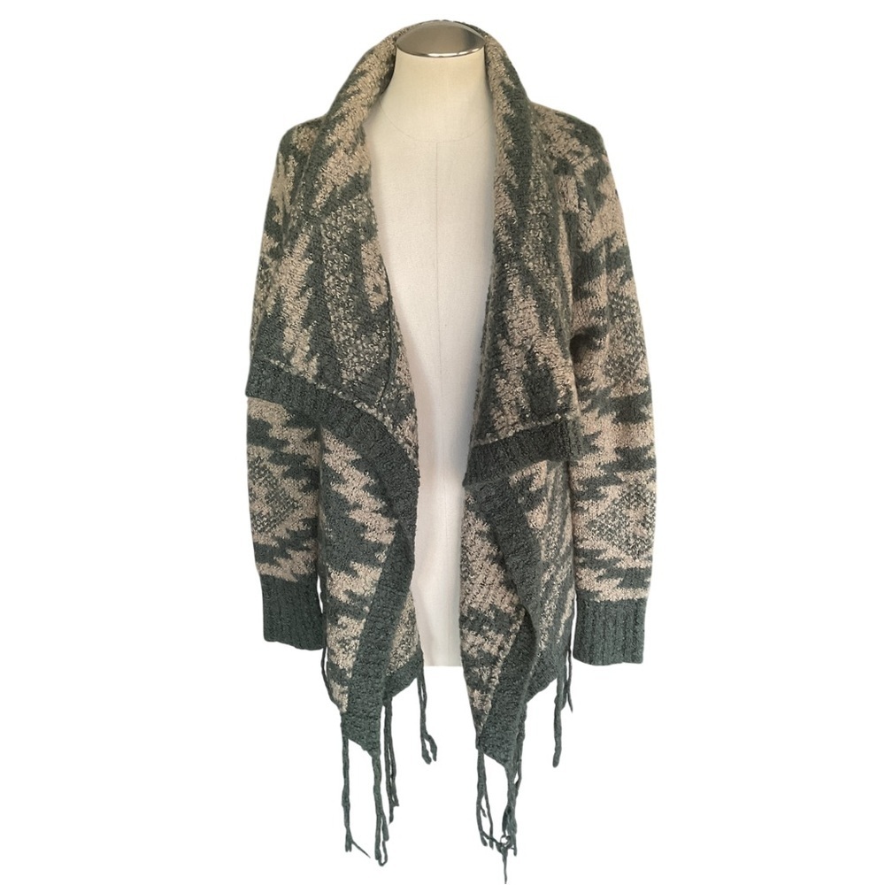 Miss Me Green Fringe Open Front Cardigan Wool Blend Boho Size M